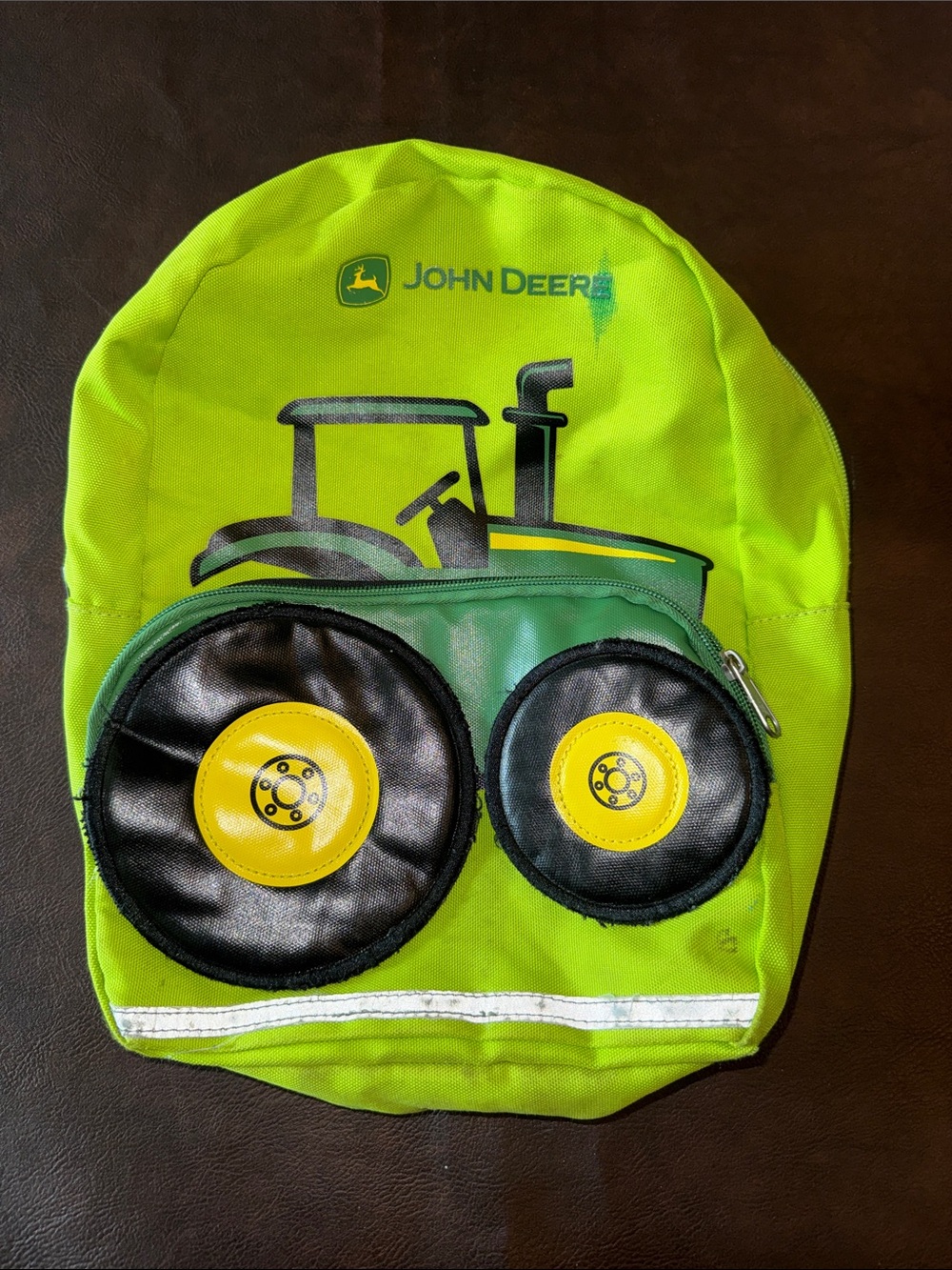 John Deere Bright Green Kids Tractor Backpack with Black & Yellow Wheel Pockets